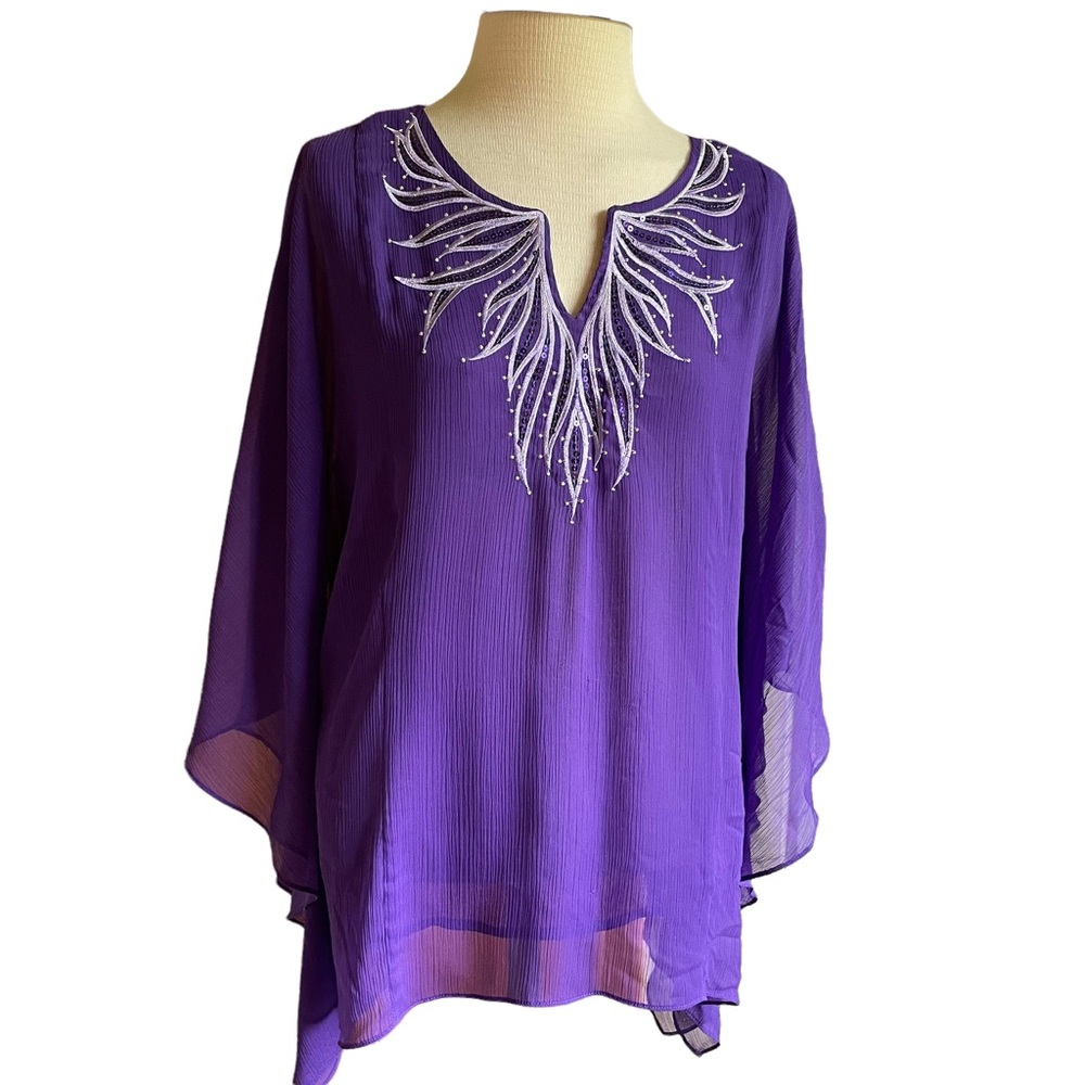 Bob Mackie Wearable Art Purple Sequin Top Batwing Dolman Sleeve Vintage - Small